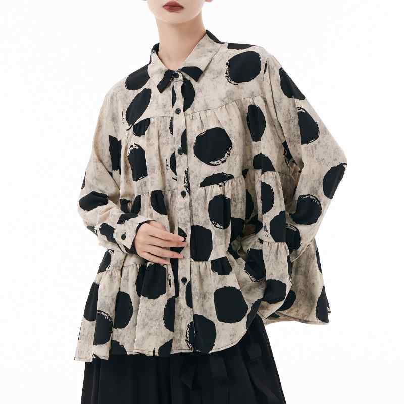 シャツ レディース 長袖 ゆったり Aライン ケーキ型 トップス 秋冬 綿 ポリエステル混紡 開襟 ファッシ..