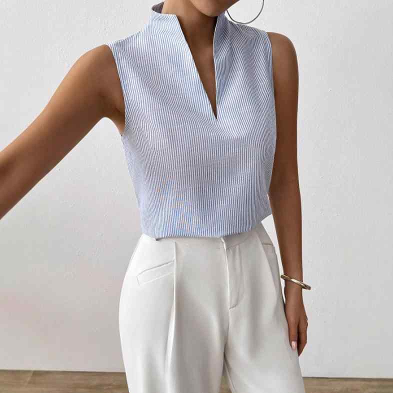 シャツ レディース ストライプ Vネック ノースリーブ プルオーバー チュニック トップス ポリエステル 普段使い 通勤着 天ブルー