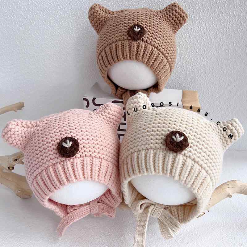 ニット帽 ベビー キッズ 子供用 くま耳付き 防寒 帽子 秋冬 毛糸 46-50cm ピンク ベージュ