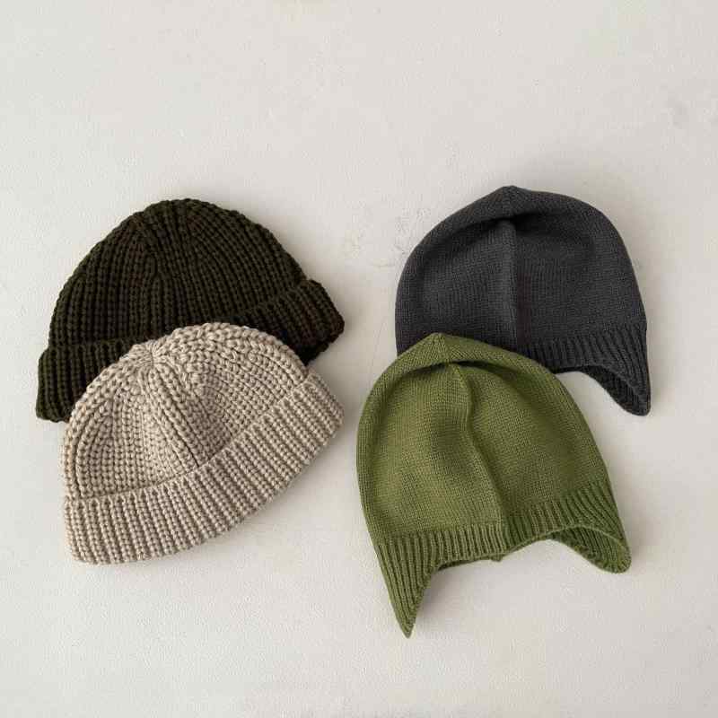 ニット帽 キッズ ベビー 子供用 毛糸 瓜皮帽子 無地 秋冬 防風 保温 深緑 ダークグレー カーキ 草色 レ..
