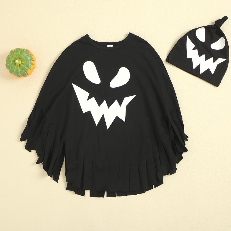 子供用ポンチョ ケープ ハロウィン コスプレ 小さな幽霊 プリント フリンジ付き マント 帽子付き 綿 個..