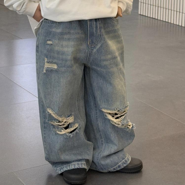 子供服 ジーンズ キッズ デニムパンツ ワイドレッグパンツ ロングパンツ 中童 男の子 女の子 春秋 裾ダ..