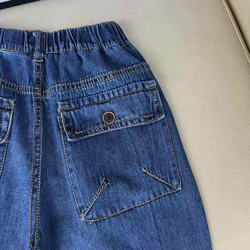 子供用デニムパンツ 薄手 夏物 ウエストゴム ズボン 深青色 ミドルライズ 小学生 幼児 男女兼用 コット..