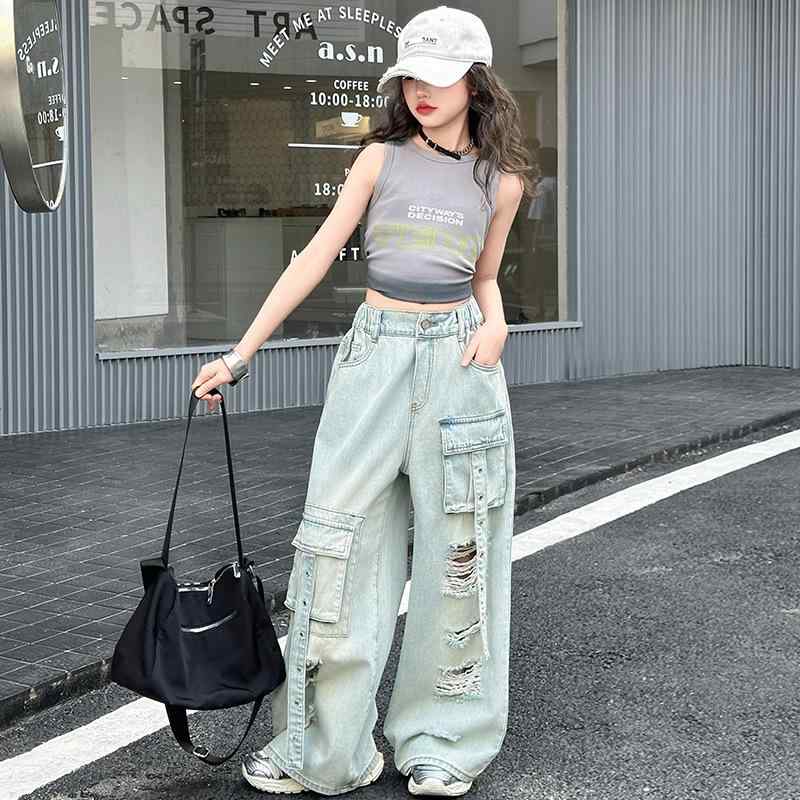 子供服 ガールズ デニム ワイドパンツ ダメージ加工 ロングパンツ 薄手 グレー ブルー 綿 高学年 春夏