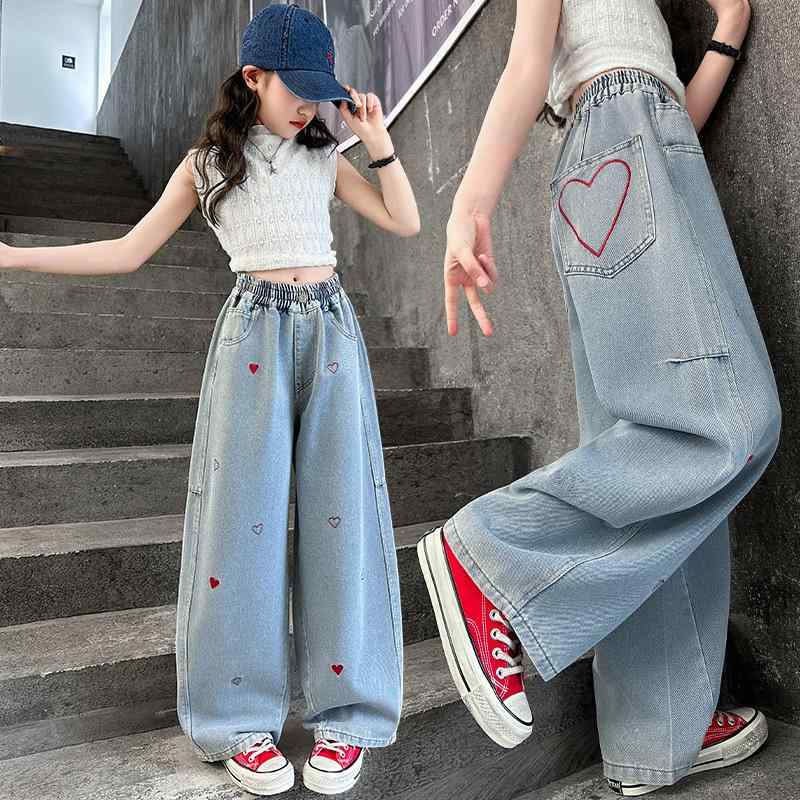 子供服 デニムパンツ ガールズ 刺繍入り ワイドレッグパンツ ハイウエスト カジュアルパンツ ロングパ..