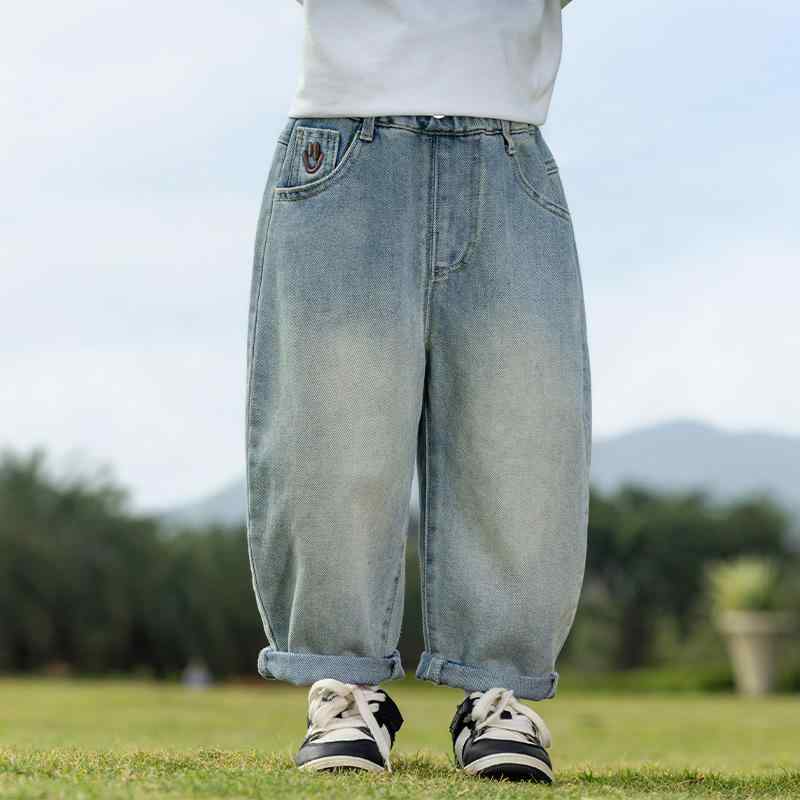 子供用ジーンズ 男女兼用 春秋 スマイル刺繍 デニムパンツ 中小キッズ 伸縮性ウエスト 普段使い 90cm 1..