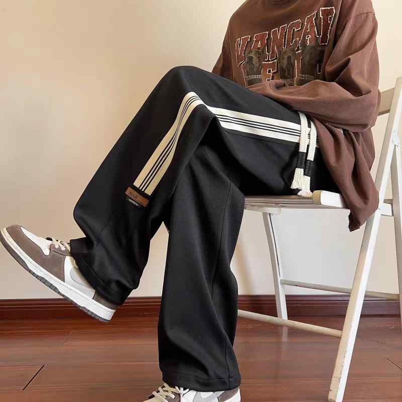 パンツ メンズ ズボン ストライプ柄 スポーツウェア スウェットパンツ リラックス ゆったり ストレート ロングパンツ イージーパンツ ポリエステル ブラック 黒 杏色 春秋 薄手 カジュアル 日常着(4)