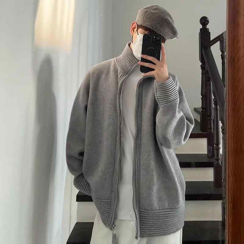 ニット メンズ 男性用 秋冬 カーディガン スタンドカラー 立ち襟 厚手 ウール 混紡 トップス ゆったり ..