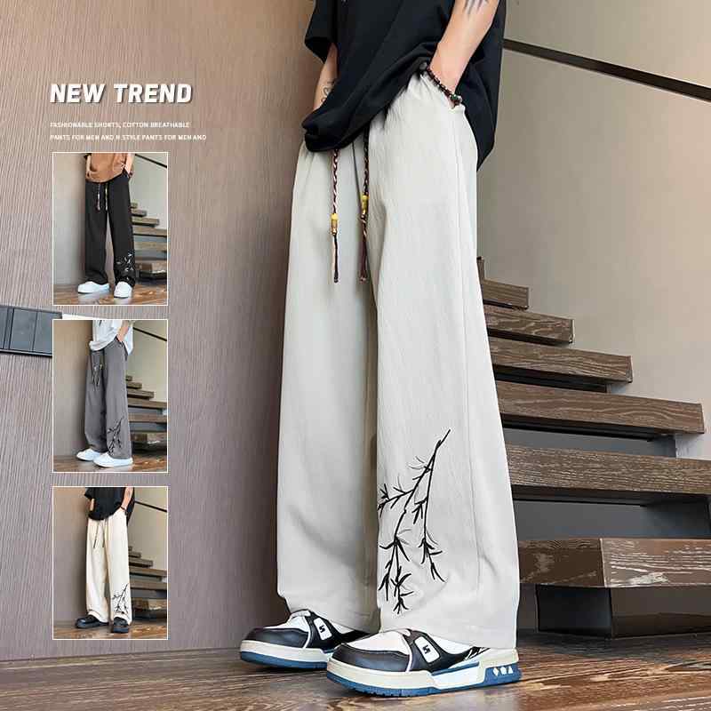 パンツ メンズ 中華風 イージーパンツ 刺繍 竹柄 ストレート 薄手 男性用 ズボン ボトムス 普段着 リラックスパンツ 部屋着 ポリエステル 春夏