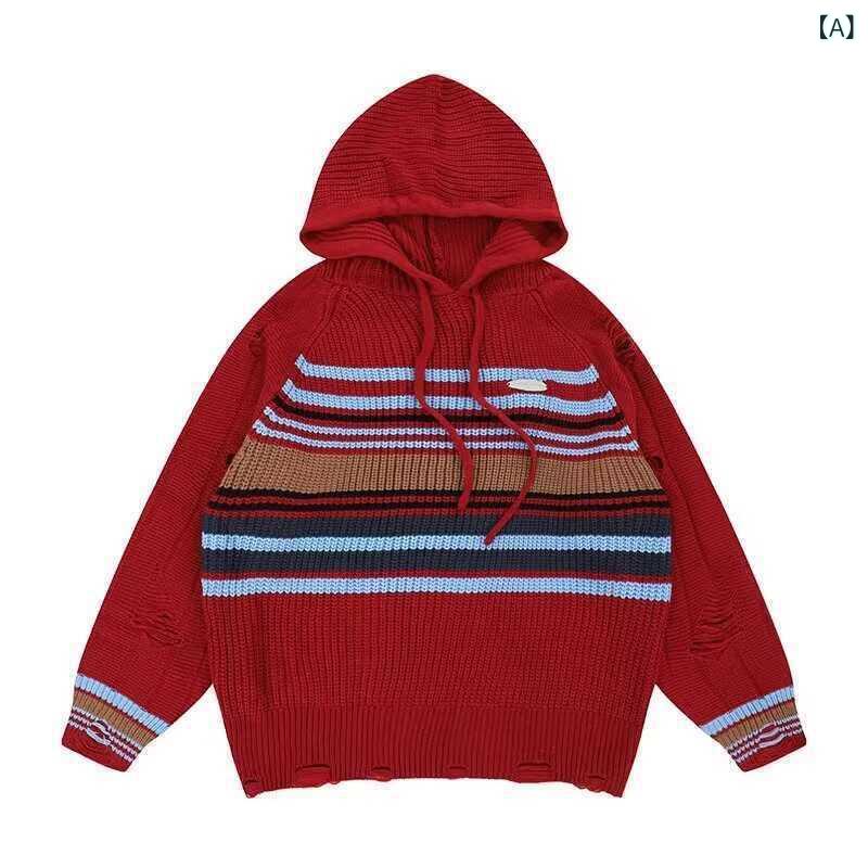 ニット メンズ レディース アメリカンカレッジスタイル ボーダー フード付き プルオーバー 秋冬 リラックス ゆったり 配色 カジュアル