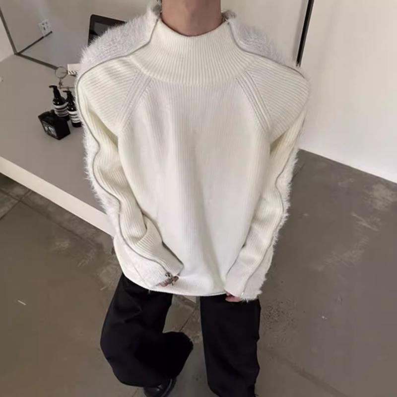 ニット メンズ 長袖ニット 美式 ストリート ジップ 切り替え デザイン ルーズフィット トレーナー トップス 秋冬 ブラック ホワイト