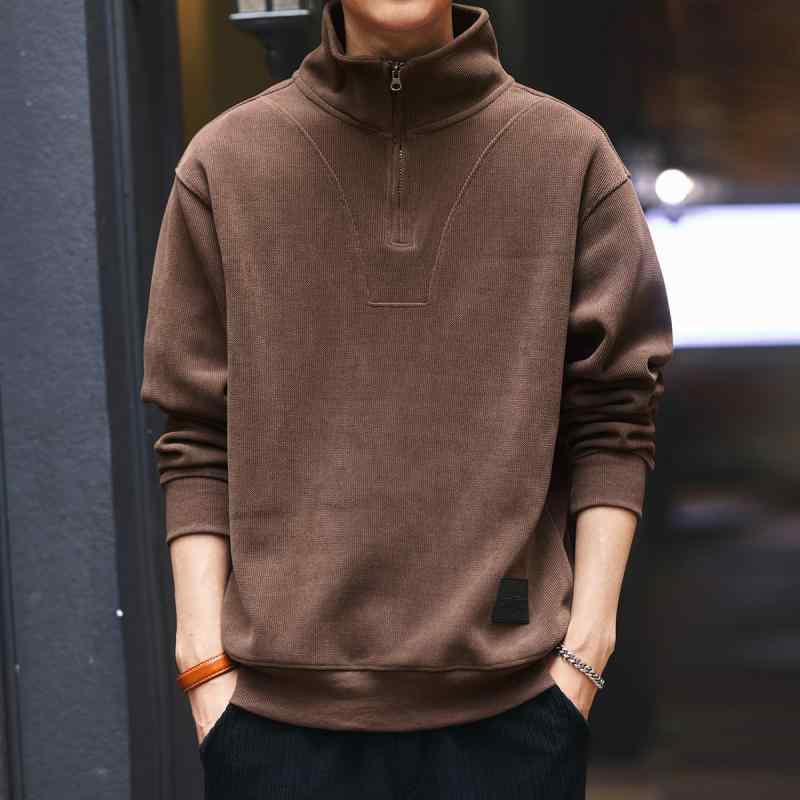 スウェット メンズ プルオーバー トップス 秋冬 立襟 ハーフジップ 長袖 ポリエステル 無地 ゆったり ラグラン袖 普段使い ルームウェア 部屋着 キャメル グレー ブラック(4)