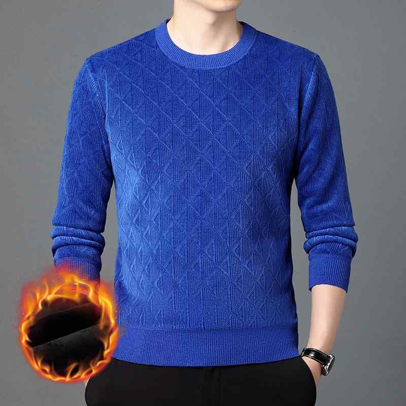 ニット メンズ ニットシャツ 秋冬 裏起毛 ジャカード織 長袖 トップス ラウンドネック プルオーバー 普段使い 部屋着 宝藍色 ブラック ミルクティー ベージュ 上青 焦糖