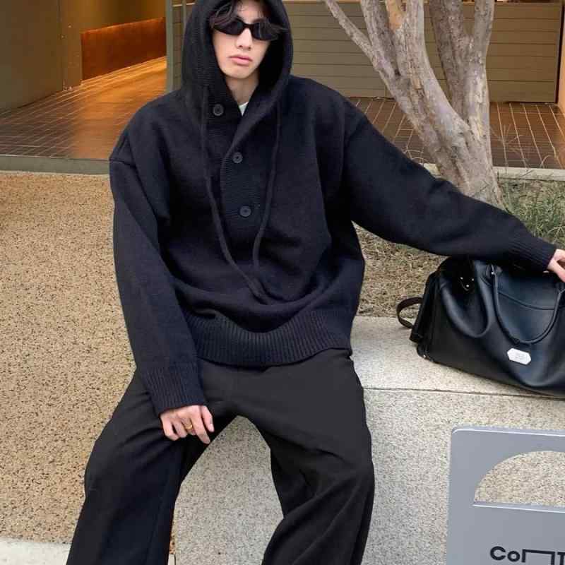 ニット メンズ プルオーバー 秋冬 リブ 柔らかい ポリエステル 長袖 トップス ルーズ レトロ アメリカン フード付き 黒 グレー ベージュ(4)