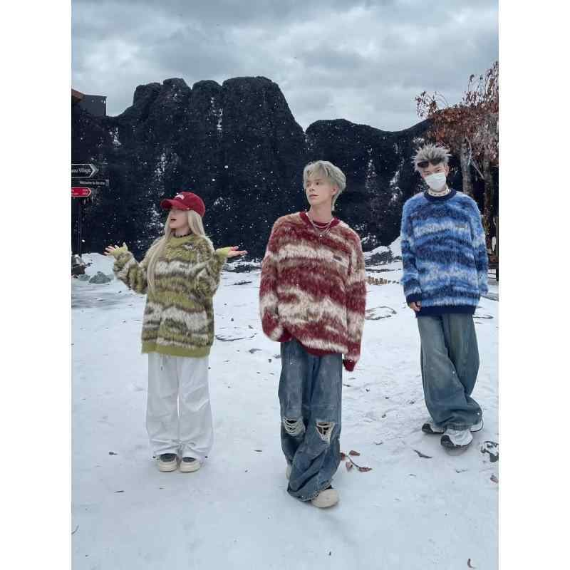 ニット メンズ ニットパーカー プルオーバー ビッグシルエット ダメージ加工 ボーダー柄 セーター 秋冬 ブルー レッド グリーン