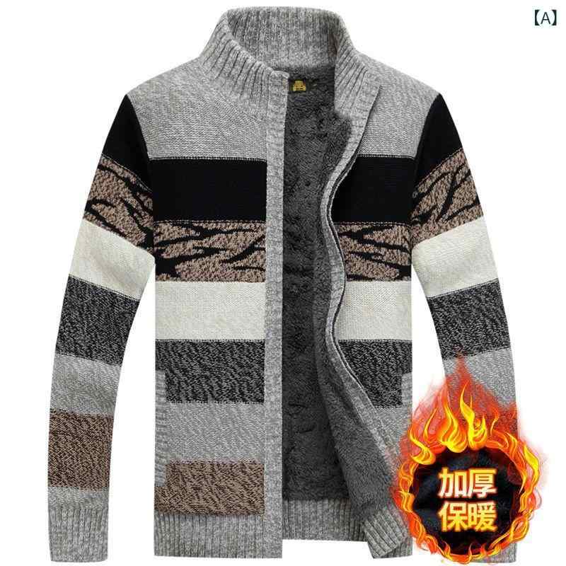 ニット カーディガン メンズ 裏起毛 ニットジャケット 厚手 秋冬 長袖 立ち襟 カジュアル トップス グレー ブルー ワインレッド ブラック カーキ ネイビー