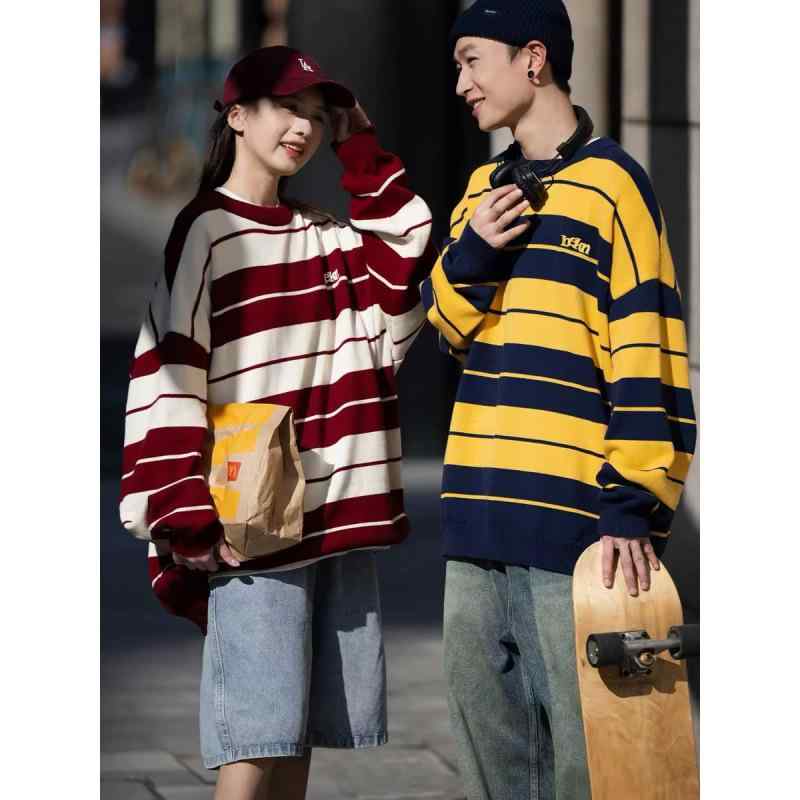 ニット メンズ 秋冬 ストライプ 切り替え 長袖 プルオーバー パーカー 赤色 黄色 綿 95% カジュアルスタイル