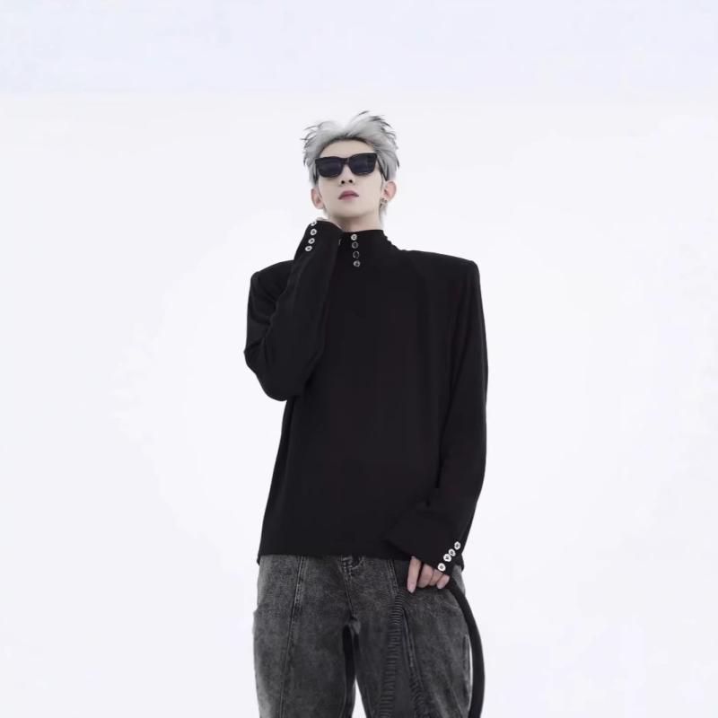 Tシャツ メンズ ニット 春秋 トップス 長袖 ポリエステル 無地 ゆったり ブラック 黒 プルオーバー 港風 韓国風 ファッション(4)