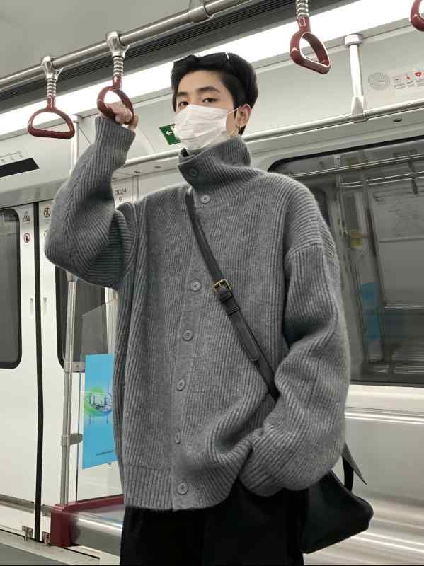 ニット カーディガン メンズ 秋冬 韓国風 ポリエステル 灰色 黒色 アプリコット M L XL 2XL 3XL 普段使..