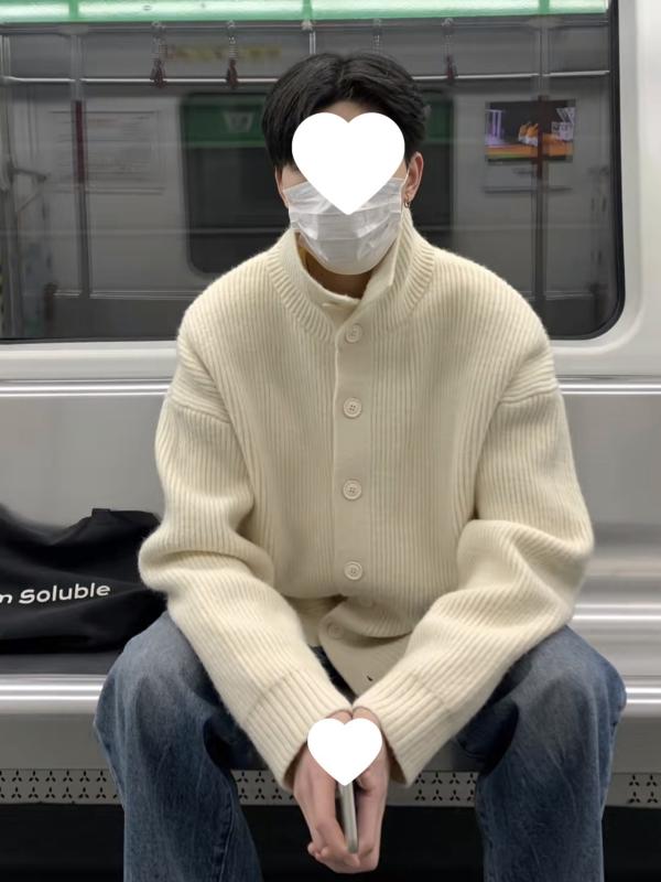 ニットカーディガン メンズ ゆるだぼ 長袖 ニットトップス 春秋 韓国風 ポリエステル 灰色 黒色 アプリコット