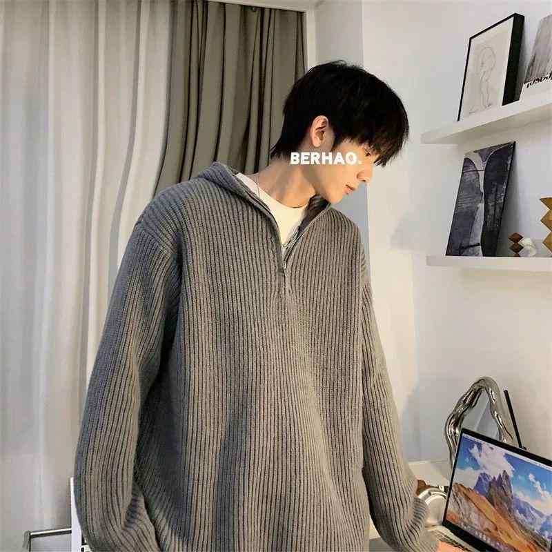 ニット メンズ カーディガン 長袖 パーカー プルオーバー フード付き 灰色 黒 接触冷感 秋冬