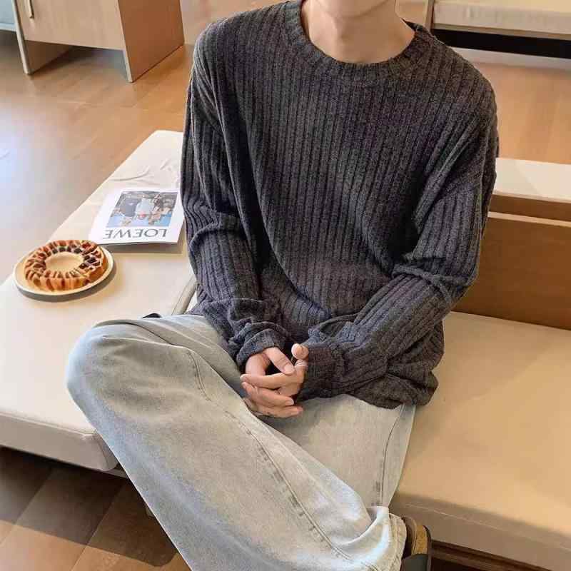 スウェット メンズ 韓国風 起毛 ストライプ プルオーバー ニット トレーナー 長袖 Tシャツ カットソー トップス 普段使い ルームウェア スポーティー 深灰色 浅灰色 グリーン