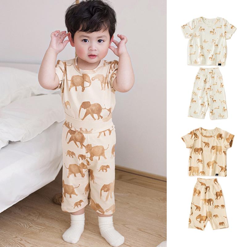 ベビー服 上下セット 半袖トップス 長ズボン コットン アニマル柄 薄手 夏 80 90 100 110cm