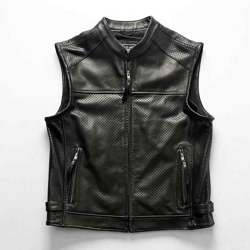 ベスト 男性用 バイク用 牛革 メッシュ ロック カジュアル レザー 立襟 ノースリーブ トップス ジレ 運動着