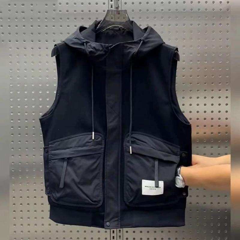 ベスト メンズ 薄手 スリムフィット フード付き 春秋 カジュアル 男性用 チョッキ トップス ポリエステル ブラック(4)