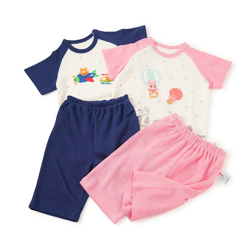 子供用パジャマ 上下セット 男の子 女の子 コットン ワッフル 半袖 短パン 薄手 幼児 ベビー 春夏 ブル..