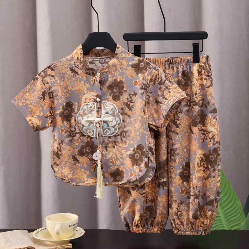 キッズ 和風セットアップ 半袖トップス 7分丈パンツ 上下2点セット 接触冷感 子供服 唐装 漢服 普段着 ..