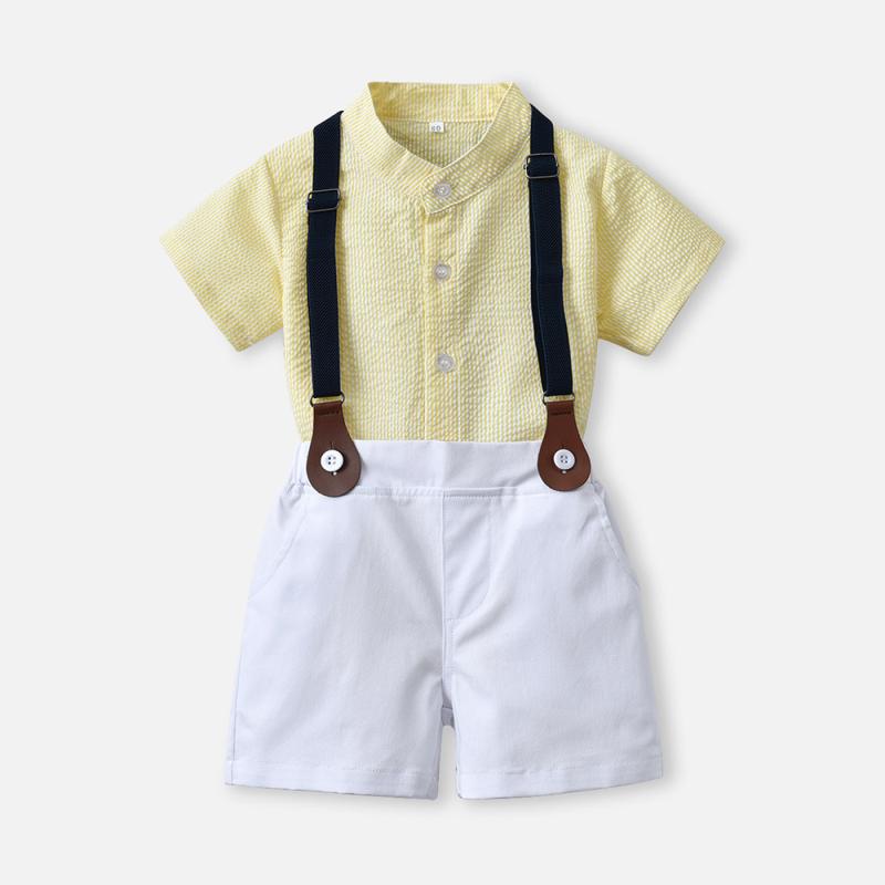 キッズ 男の子用 フォーマルスーツ ストライプ 半袖シャツ サロペット ハーフパンツ 上下セット 綿 春夏 黄色 水色