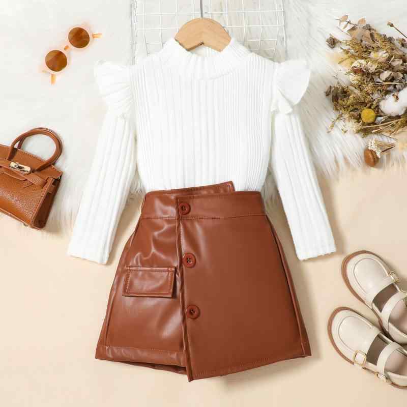 子供服 ニット トップス ＆ スカート付きパンツ 2点セット 女の子 秋冬 長袖 ハイネック 無地 普段着 90cm 100cm 110cm 120cm 130cm ブラウン ブラック レッド