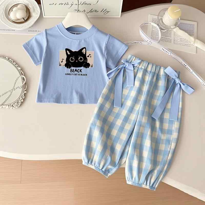 子供用半袖Tシャツ セットアップ 薄手 格子柄パンツ 女の子 ベビー カジュアル かわいい カートゥーン..
