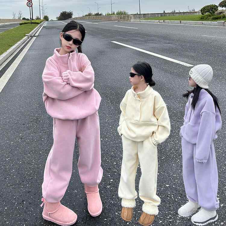 キッズ パンツ セットアップ 秋冬 羊羔ボア プルオーバー ワイドレッグパンツ 2点セット スポーツ 普段着 パープル ピンク系 アイボリー