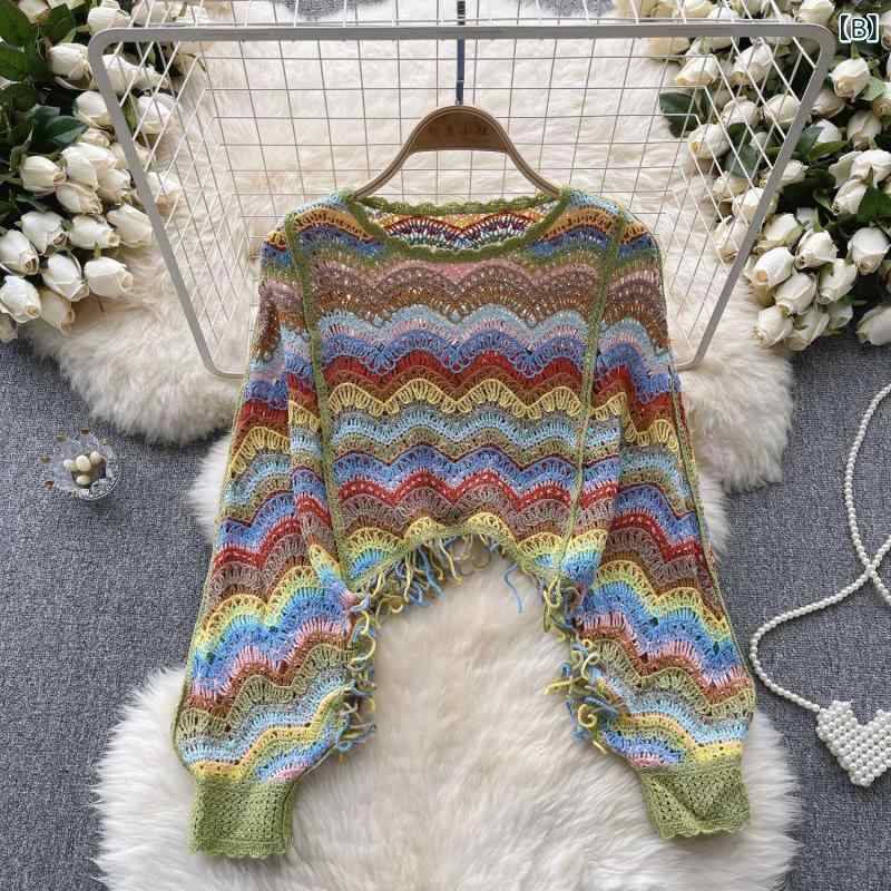 ニット レディース 旅行 リゾート風 長袖 トップス カーディガン 杏色 グリーン ブルー 蝙蝠袖 プルオーバー 鈎針編み サマーニット シアー 透かし編み ゆったり 薄手