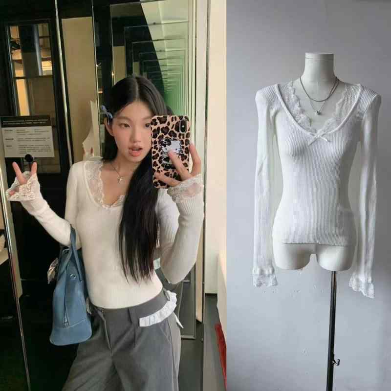 ニット レディース 早秋 レース 切り替え 長袖 Vネック トップス 伸縮性 スリムフィット ミディアム丈 ..