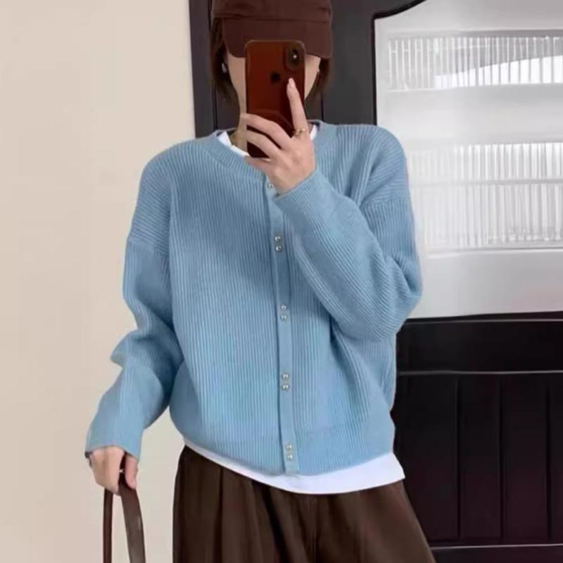 ニットカーディガン レディース 韓国風 ラウンドネック 無地 ポリエステル 混紡 トップス 長袖 ショー..