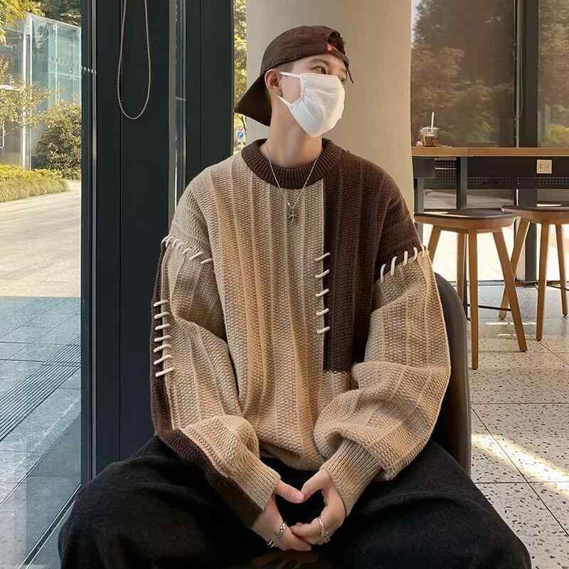 ニット メンズ 秋冬 アメリカンカジュアル 配色 切り替え セーター プルオーバー 厚手 暖かい ゆったり..