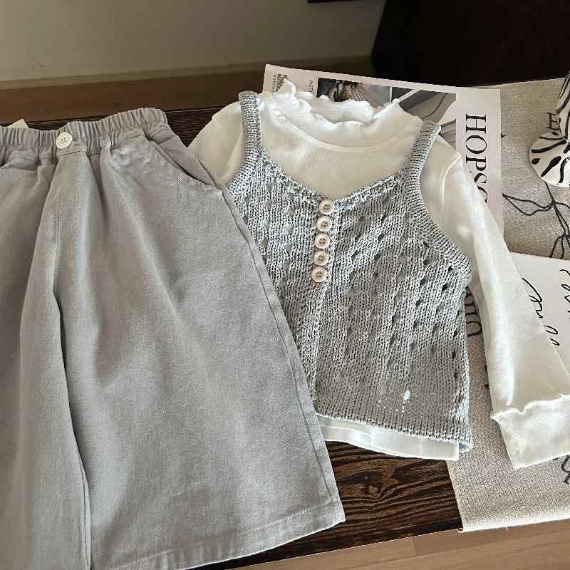 子供用パンツセット 春秋物 トップス &amp; キャミソール &amp; ワイドパンツ 3点セット コットン 無地..