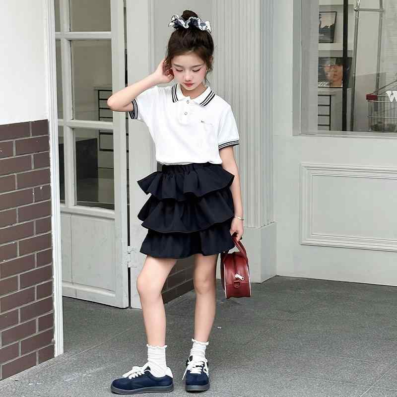 子供用セットアップ ワンピース ガールズ 半袖ポロシャツ ケーキスカート 紺色 薄手 かわいい 通学着 ..