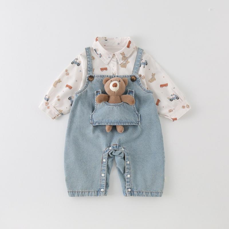 ベビー服 春秋 デニム カバーオール 長袖 ロンパース 綿 春秋 男女兼用 乳幼児 青色 73 80 90 100cm