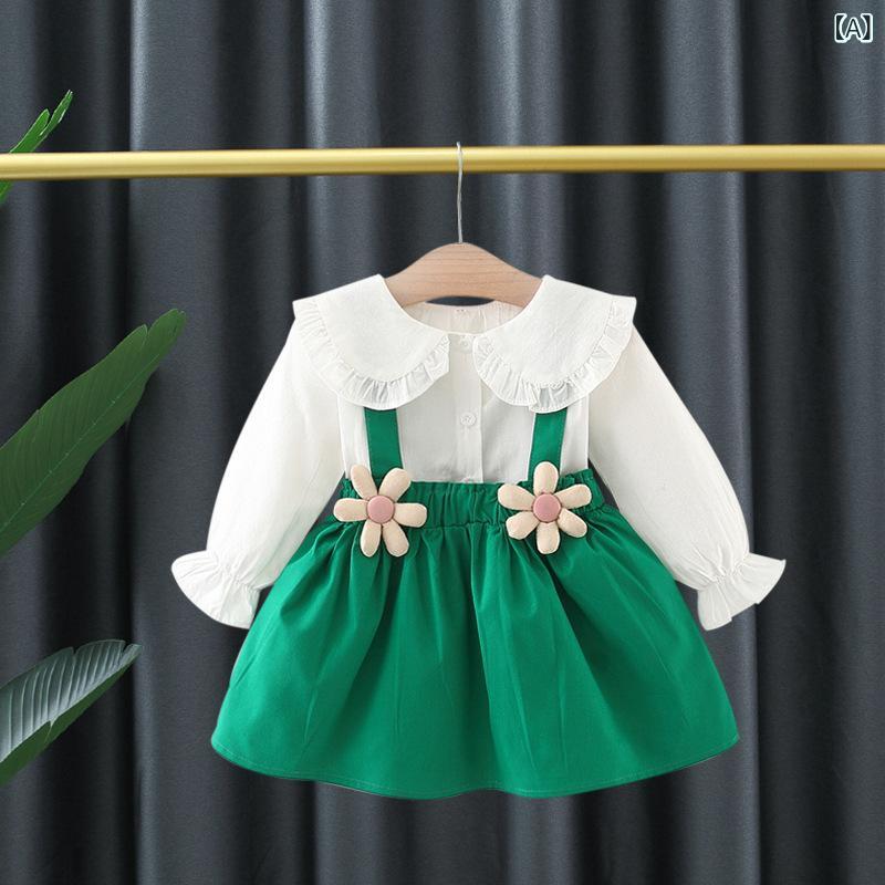 子供服 ワンピース 女の子 白シャツ 背 Administrative ベビードレス 春秋 長袖 コットン 花柄 Aラインスカート 膝丈 2点セット 73CM 80cm 90cm 100cm 110cm かわいい ガールズ 緑色 赤色
