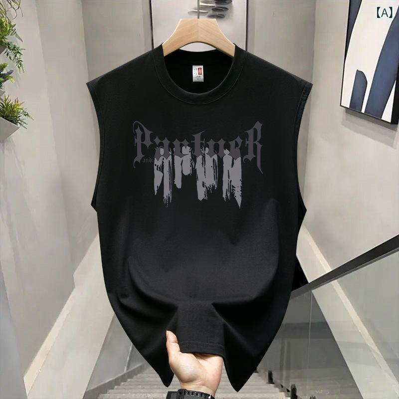 タンクトップ メンズ 男性用 コットン100% ノースリーブ トップス 運動着 部屋着 ゆったりサイズ ブラック ホワイト プリント柄 スポーツ カジュアル 春夏