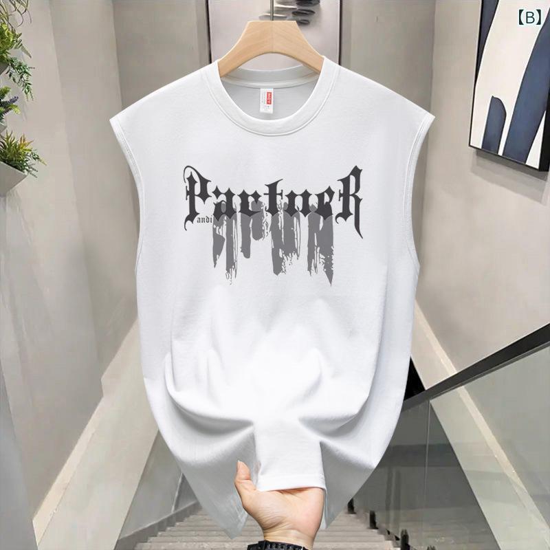 タンクトップ メンズ 男性用 コットン100% ノースリーブ トップス 運動着 部屋着 ゆったりサイズ ブラック ホワイト プリント柄 スポーツ カジュアル 春夏