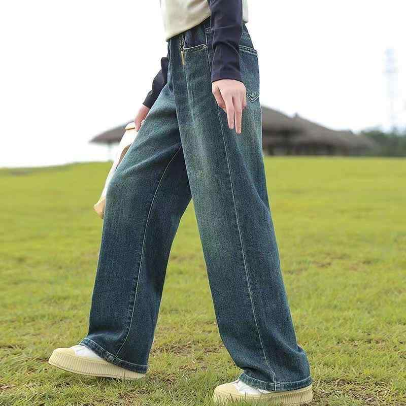 子供用ジーンズ 女の子 春秋 デニム ワイドレッグパンツ ストレートパンツ 裏起毛 コットン 刺繡 普段..