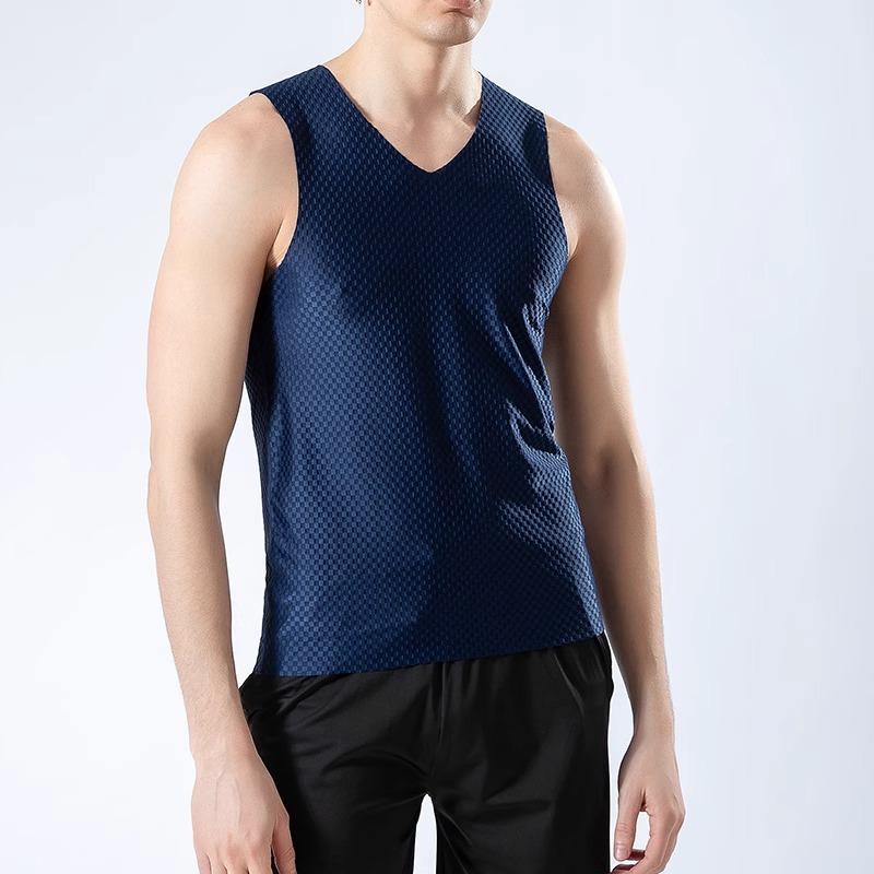 タンクトップ メンズ Vネック ポリエステル 接触冷感 無地 薄手 通気性 スポーツ インナー トップス 黒 白 灰色 紺色 L XL 2XL 3XL 4XL