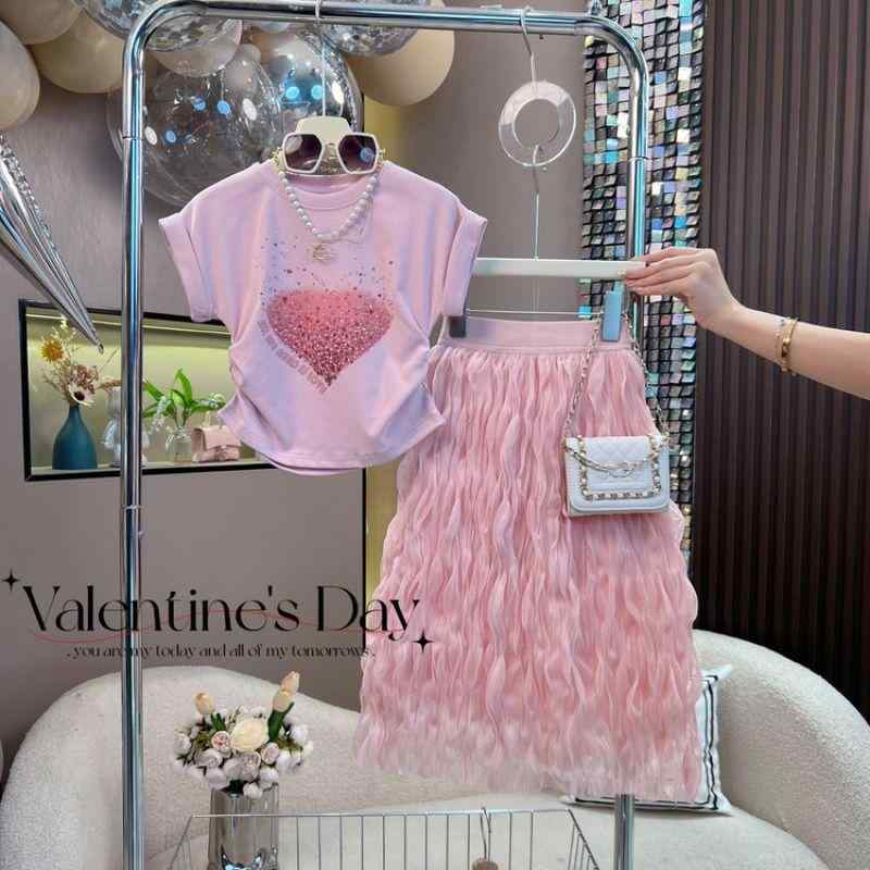 子供用セットアップ Tシャツ ケーキスカート 女児 ハート柄 プリント コットン100% 夏物 ホワイト ピン..