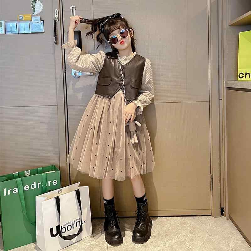 ワンピース キッズ 女の子 子供服 レザーベスト チュールスカート 2点セット 春秋 長袖 110cm 120cm 130cm 140cm 150cm 160cm かわいい おしゃれ ガールズ