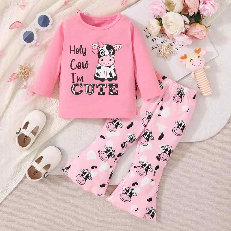 子供用セットアップ 長袖トップス パンツ ピンク系 カートーンプリント 伸縮性 普段着 部屋着 秋冬